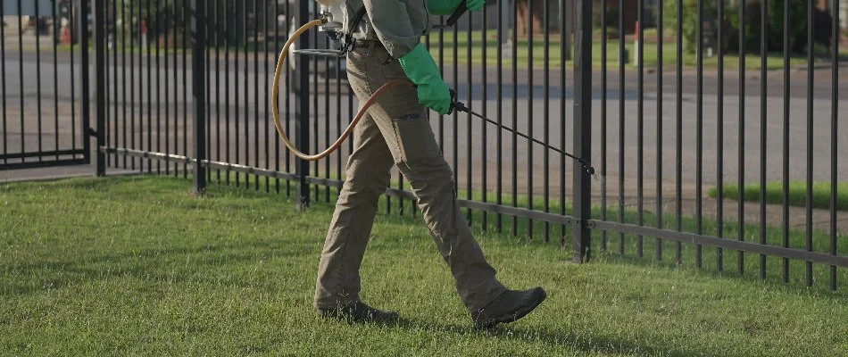 Professional treating a lawn in Memphis, TN, with post-emergent weed control.