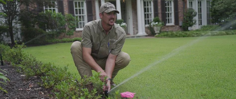 Irrigation professional inspecting a sprinkler head on a lawn in Memphis, TN.