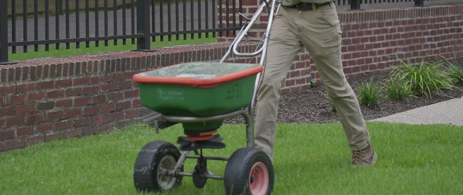 Lawn care professional in Memphis, TN, pushing a fertilizer spreader on a lawn.