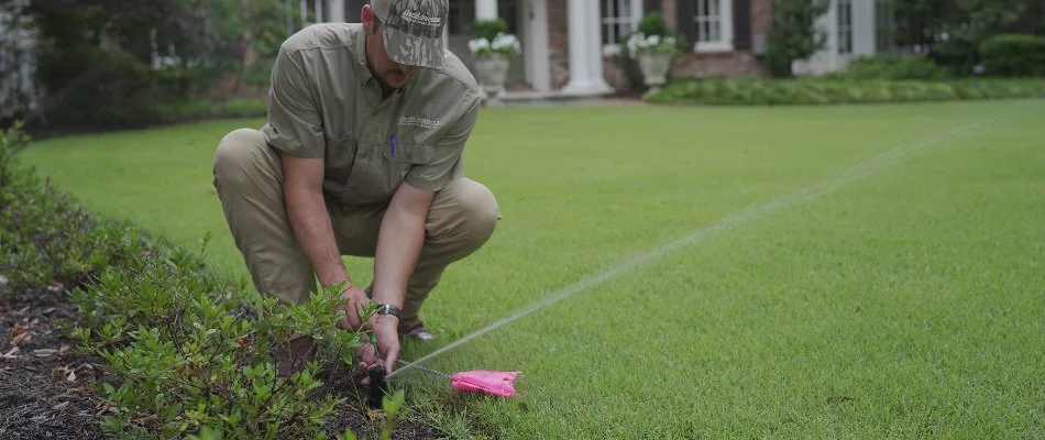 Tech repairing a lawn sprinkler head in Memphis, TN.