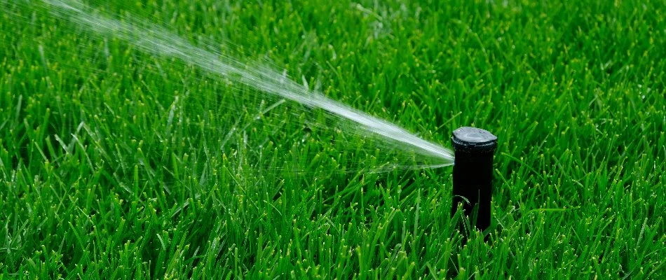 A sprinkler irrigation system watering a lawn in Rosemark, TN.